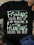 Women's T-Shirt Fishing And Hunting Theme With Rods Deer And Jumping Fish T Shirt