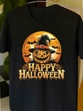 Men's T-Shirt Happy Halloween Spooky Bats And Pumpkin Wearing Witch Hat Under Orange Moon