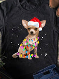 Women's T-Shirt Adorable Chihuahua Wearing Red Santa Hat With Colorful Festive Lights Dog