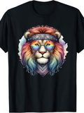 Men's T-Shirt Psychedelic Flowing Rainbow Colors With Retro Glasses Peaceful Lion