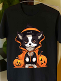 Men's T-Shirt Cute Dog In Halloween Costume Surrounded By Orange Pumpkin Lanterns Dog