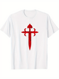 Men's T-Shirt Bold Crimson Symbolic Blade With Ornate Details Centered On White T Shirt