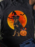 Men's T-Shirt Rottweiler Wearing Witch Hat With Pumpkin Lantern Under Orange Full Moon