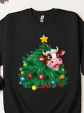 Women's T-Shirt Festive Pine Tree With Colorful Ornaments And Playful Cartoon Cow
