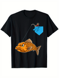 Men's T-Shirt Hooked Goldfish Hanging From Blue Pocket With Cartoon Fisherman