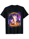 Men's T-Shirt Cosmic Rainbow Colors With Pizza Slices Radiating Behind Playful Cat