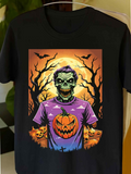 Men's T-Shirt Haunted Forest With Bats Glowing Sunset Surrounding Creepy Zombie Holding Pumpkin