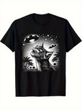 Men's T-Shirt Starry Sky With UFOs And Curious Cat Under Palm Trees Cat