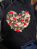 Men's T-Shirt Playful Pugs Forming A Heart With Red Cartoon Hearts