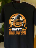 Men's T-Shirt Happy Halloween Spooky Pumpkin With Witch Hat Surrounded By Flying Bats