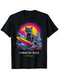 Men's T-Shirt Manhattan Beach California Retro Sunset With Surfing Cat And Vibrant Ocean Waves