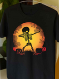 Men's T-Shirt Spooky Dancing Skeleton With Pumpkins Moon And Spiderwebs Halloween Scene