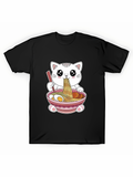 Men's T-Shirt Adorable White Cat Enjoying Hot Ramen In Colorful Ceramic Bowl Noodles