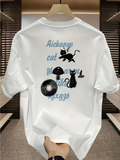 Men's T-Shirt Playful Mushrooms Retro Record With Black Curious Cat