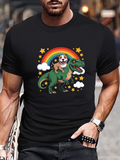 Men's T-Shirt Rainbow Stars And Puppy Riding Dinosaur Under Colorful Sky