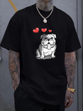 Men's T-Shirt Playful Bulldog With Cartoon Hearts On Black Shirt