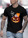 Men's T-Shirt Glowing Pumpkin With Ghost And Flying Bats Under Crescent Moon