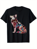 Men's T-Shirt Colorful Floral Patterns Embellishing A Calm Sitting Wolf