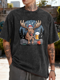 Men's T-Shirt Cartoon Moose With Beer Mug Sitting On Log Under Raindrops Forest