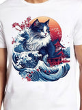 Men's T-Shirt Cherry Blossoms Sunset Waves With Majestic Cat And Oriental Temple