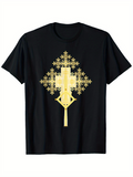 Men's T-Shirt Geometric Gold Motif With Ornate Cross And Intricate Symmetrical Pattern Centerpiece