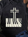 Men's T-Shirt Distressed Piano Keys Forming A Cross On Black Shirt