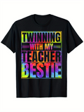 Men's T-Shirt Twinning With My Teacher Bestie Colorful Neon Lettering On Black T Shirt