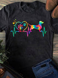 Women's T-Shirt Colorful Heartbeat Line With Rainbow Pawprints And Playful Dachshund Dog