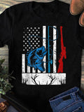 Men's T-Shirt American Flag Vertical Stripes With Blue Fish Red Rifle And Antlers