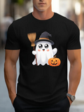 Men's T-Shirt Adorable Halloween Ghost With Witch Hat Broom And Smiling Pumpkin
