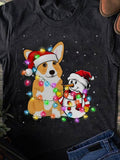 Men's T-Shirt Festive Corgi Wearing Santa Hat With Colorful Christmas Lights And Snowman