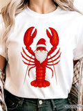 Women's T-Shirt Festive Red Hat Santa Beard On Holiday Lobster