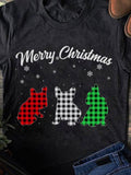 Men's T-Shirt Merry Christmas With Plaid Patterned Bulldogs And Falling Snowflakes