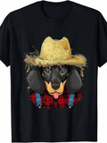Men's T-Shirt Wheat Straw Hat And Red Plaid Shirt Wearing Black Brown Dog