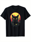 Men's T-Shirt Yellow Full Moon Behind Glowing Eyes Shadowy Night Cat