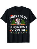 Men's T-Shirt Most Likely To Bring Home A Stray Cat Festive Lights Christmas Trees With Santa Hat Cat