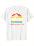 Men's T-Shirt Exuma Islands Colorful Retro Sunset With Palm Tree Silhouette