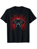 Men's T-Shirt Red Vivid Branches Surrounding Intense Shadowy Black Dog Portrait