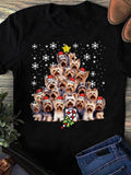 Women's T-Shirt Christmas Tree Formed By Yorkshire Terriers Wearing Santa Hats Surrounded By Snowflakes