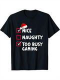 Men's T-Shirt Nice Naughty Too Busy Gaming With Santa Hat Christmas Theme