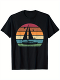 Men's T-Shirt Sailing At Sunset With Gradient Stripes And Flying Birds Sailboat