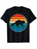 Men's T-Shirt Retro Striped Sunset Silhouette With Running Raccoon In Center Circle Raccoon