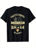 Men's T-Shirt Sketching City Life Makes My Brain Happy Under Lantern Lit Urban Buildings