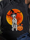 Men's T-Shirt Bright Orange Moon With Dalmatian Wearing Witch Hat Beside Pumpkin
