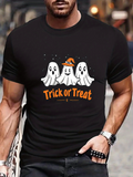 Men's T-Shirt Trick Or Treat Playful Ghosts With Orange Witch Hat Surrounded By Stars On Black Shirt