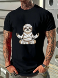 Men's T-Shirt Cartoon Wrapped Bandages Meditating Sloth Under Calm Peaceful Sky