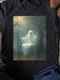 Men's T-Shirt Misty Forest Swing With Ethereal Ghost Under Faded Moonlight Atmosphere