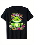 Men's T-Shirt Cartoon Frog With Colorful Blossoms And Bright Daisy And Rose Flowers Frog