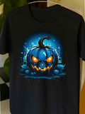 Men's T-Shirt Electric Blue Splash With Glowing Eyes Among Spooky Darkness Pumpkin