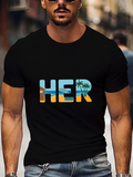 Men's T-Shirt Colorful Sunset Beach Scene With Palm Trees Framing Large Lettering HER